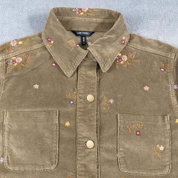 Driftwood Shirt Womens M Brown Shayna Corduroy Floral Embroidered Snap Shacket - Picture 9 of 13